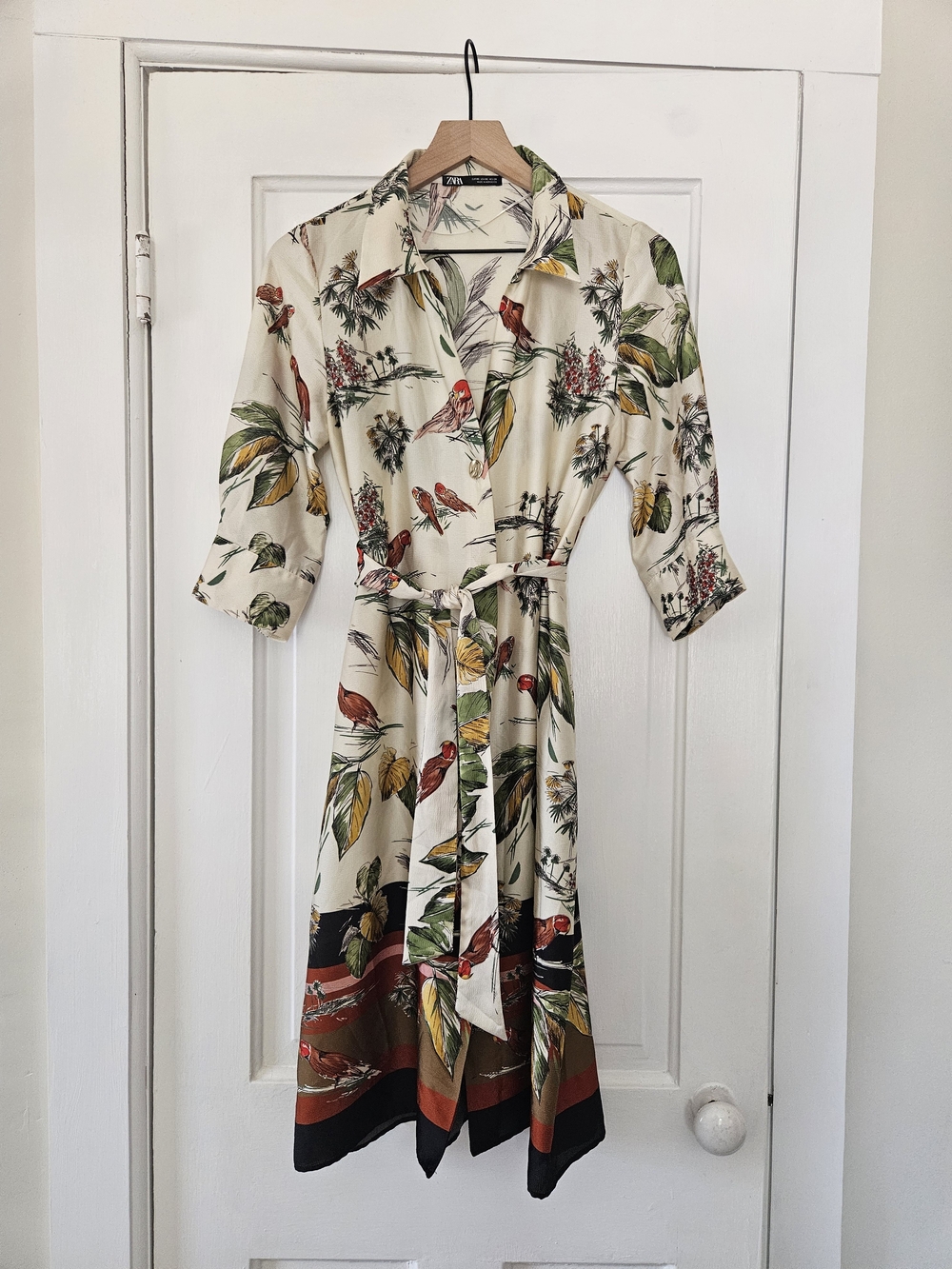 Zara Cream Botanical Tie-Waist Shirt Dress with Green & Rust Accents